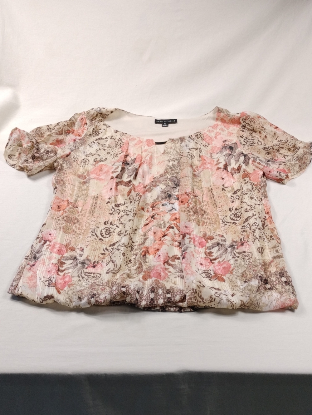 Sara Michelle Pink & Cream Floral Pintuck Scoop Neck Blouse Size Medium #3